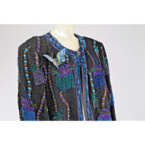 Vintage Scala Silk Butterfly Sequin Jacket Multicolor Long Sleeve Beaded XXL
